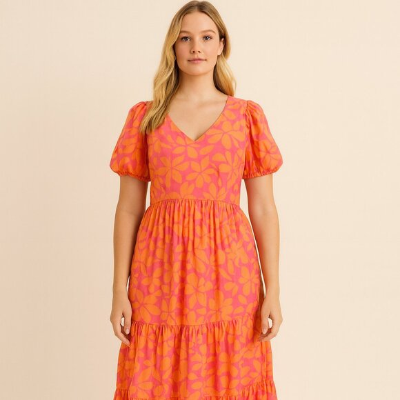 J.Crew Pink Orange Floral Print Cotton Midi Maxi Short Sleeve V-neck Dress 10 - Picture 3 of 14